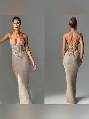 BabyBoo Beige Crochet Lace-Up Back Maxi Dress